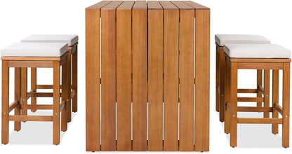 5-Piece Outdoor Bar Table & Chairs Set 🪑 Acacia Wood High-Top Patio Dining 🌿 Comfortable Beige Cushions for Backyard & Garden