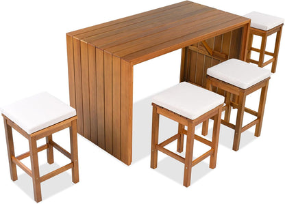 5-Piece Outdoor Bar Table & Chairs Set 🪑 Acacia Wood High-Top Patio Dining 🌿 Comfortable Beige Cushions for Backyard & Garden