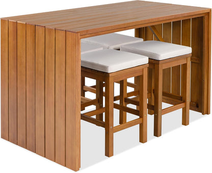 5-Piece Outdoor Bar Table & Chairs Set 🪑 Acacia Wood High-Top Patio Dining 🌿 Comfortable Beige Cushions for Backyard & Garden