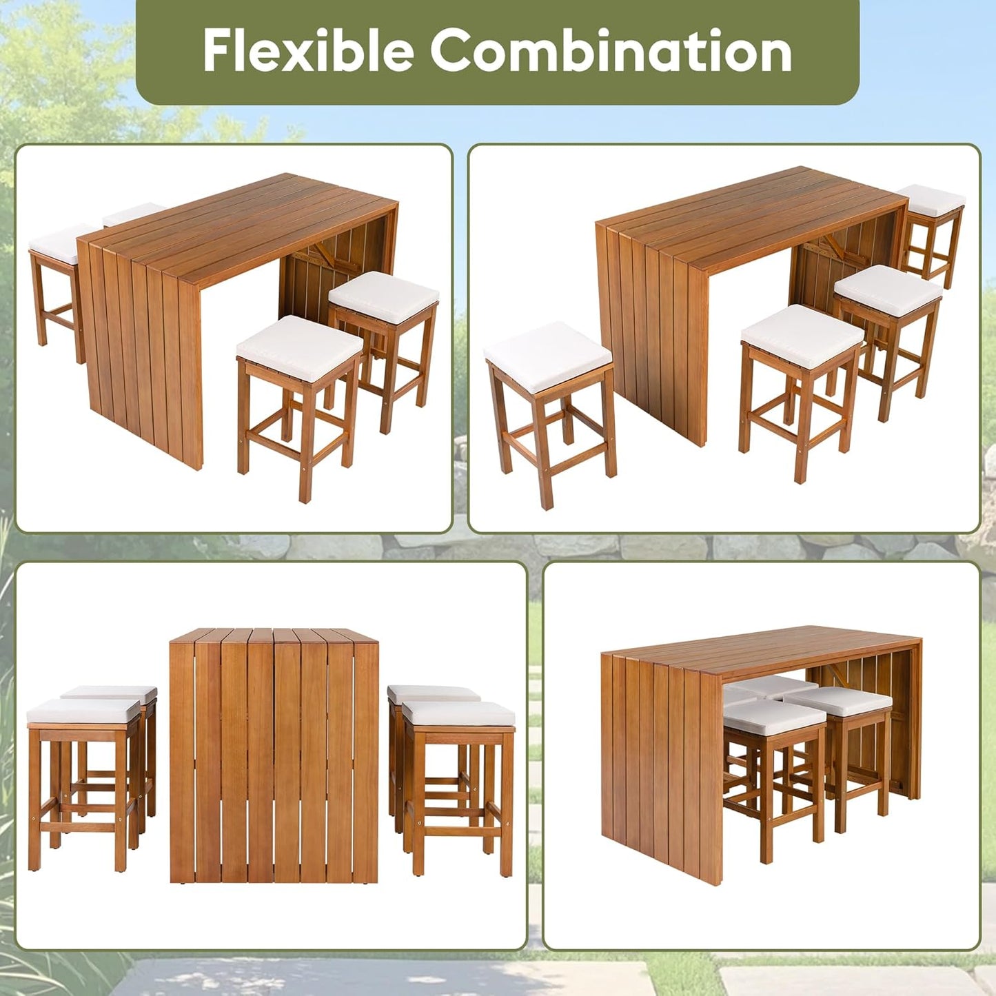 5-Piece Outdoor Bar Table & Chairs Set 🪑 Acacia Wood High-Top Patio Dining 🌿 Comfortable Beige Cushions for Backyard & Garden