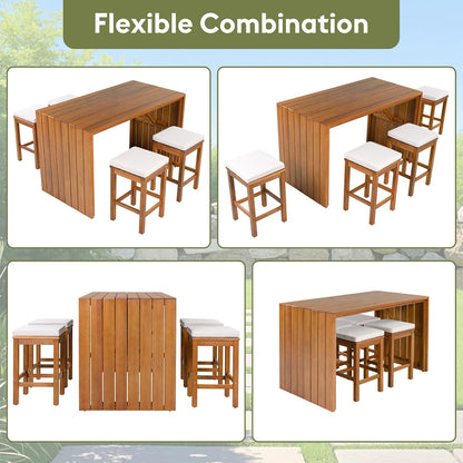 5-Piece Outdoor Bar Table & Chairs Set 🪑 Acacia Wood High-Top Patio Dining 🌿 Comfortable Beige Cushions for Backyard & Garden