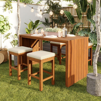 5-Piece Outdoor Bar Table & Chairs Set 🪑 Acacia Wood High-Top Patio Dining 🌿 Comfortable Beige Cushions for Backyard & Garden