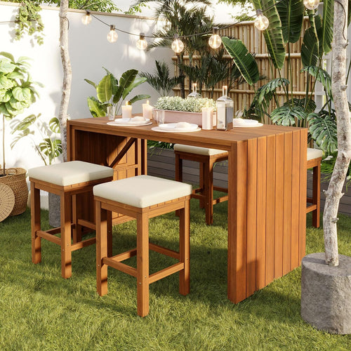 5-Piece Outdoor Bar Table & Chairs Set 🪑 Acacia Wood High-Top Patio Dining 🌿 Comfortable Beige Cushions for Backyard & Garden